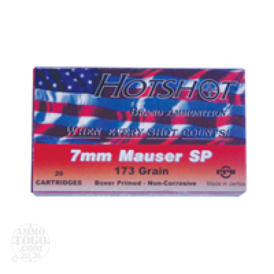20rds - 7mm Mauser Hotshot 173gr. Soft Point Ammo