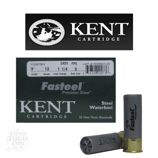 25rds - 12 Ga. Kent Fasteel 3" 1 1/4oz. #3 Steel Shot Ammo