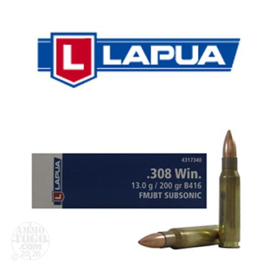 20rds - 308 Win. Lapua 200gr. Subsonic FMJBT Ammo