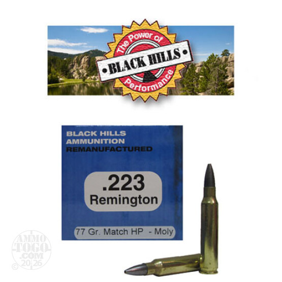 50rds - 223 Black Hills 77gr. Re-Mfg. Sierra MatchKing HP Moly Coated Ammo