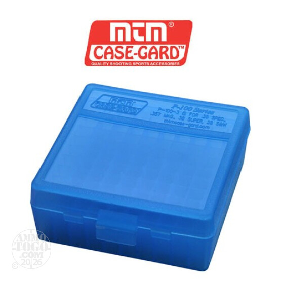 1 - MTM Case-Gard P-100 100rd. Pistol Ammo Box for .38 - .357 Blue Color