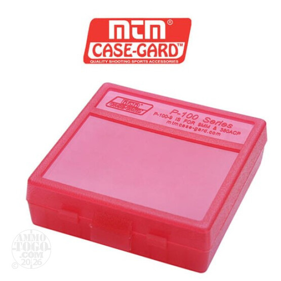 1 - MTM Case-Gard P-100 100rd. Pistol Ammo Box for 9mm - .380 ACP Red Color