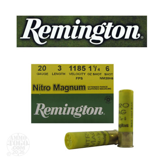 250rds - 20 Gauge Remington Nitro Magnum 3" 1 1/4oz. #6 Shot Ammo