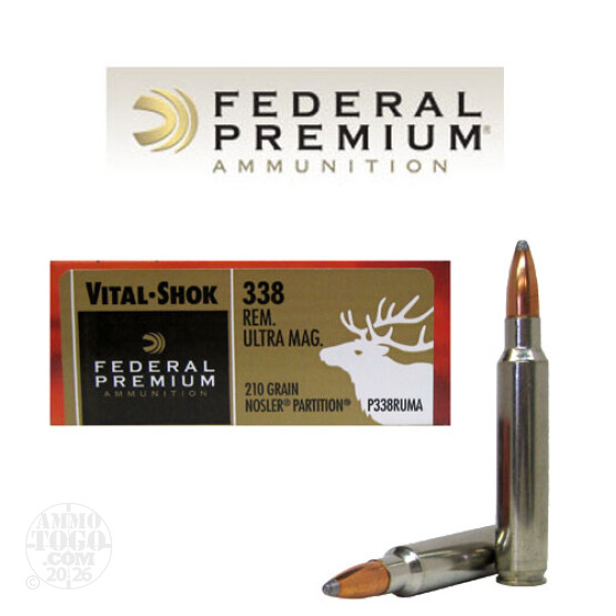 20rds - 338 RUM Federal Vital-Shok 210gr. Nosler Partition Ammo