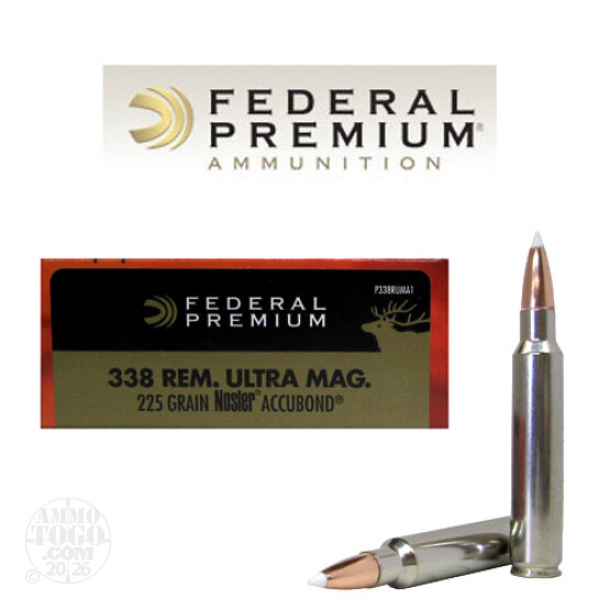 20rds - 338 RUM Federal Vital-Shok 225gr Nosler AccuBond Ammo