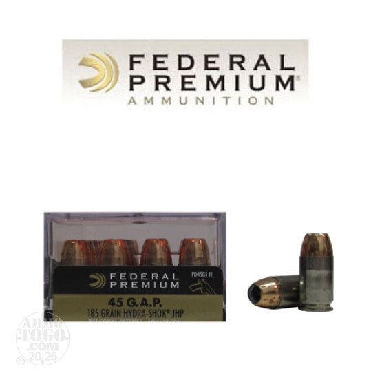 20rds - 45 GAP Federal Personal Defense 185gr. LR Hydra Shok JHP Ammo