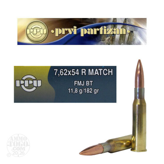 20rds - 7.62x54R PPU 182gr. MATCH FMJ BT Ammo