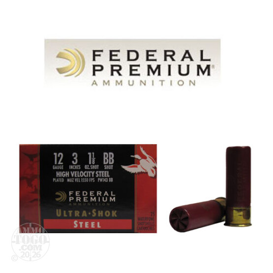 250rds - 12 Ga. Federal Ultra-Shok 3" 1 1/8oz. #BB HV Steel Shot