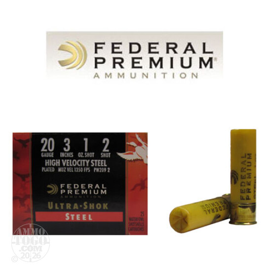25rds - 20 Gauge Federal Ultra-Shok 3" 1oz. #2 HV Steel Shot Ammo