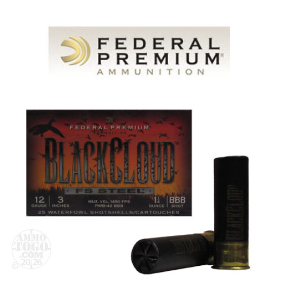 250rds - 12 Ga. Federal Blackcloud 3" 1 1/4oz #BBB Steel Shot Ammo