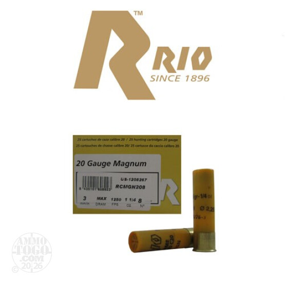 250rds - 20 Gauge Rio Field Magnum 3" Max Dram 1 1/4oz. #8 Shot Ammo