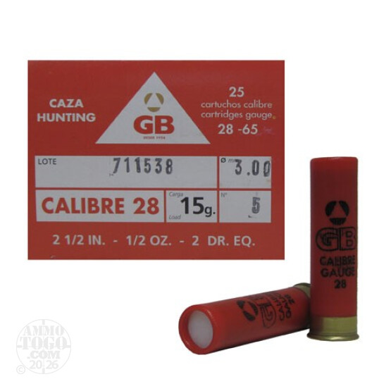 25rds - 28 Gauge GB Cal 28 2 1/2" 1/2oz. #5 Shot Ammo