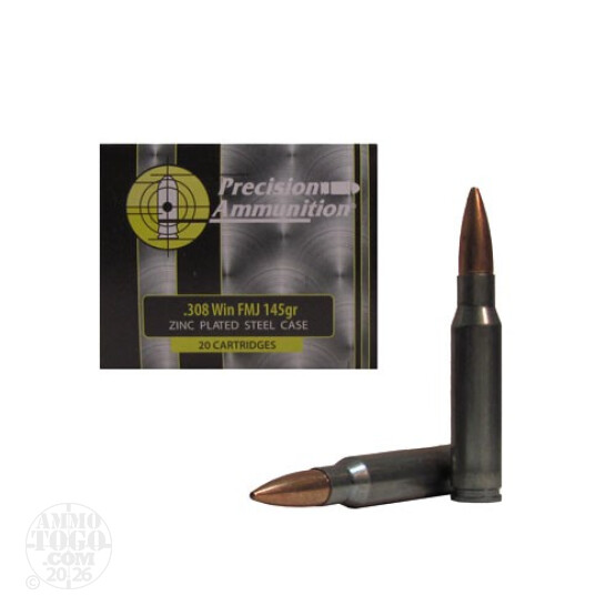 200rds - 308 Win. Ruag 145gr. FMJ Zinc Plated Steel Case Ammo