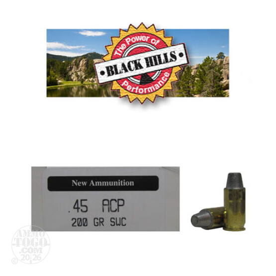 50rds - 45 ACP Black Hills 200gr. New Seconds SWC Ammo