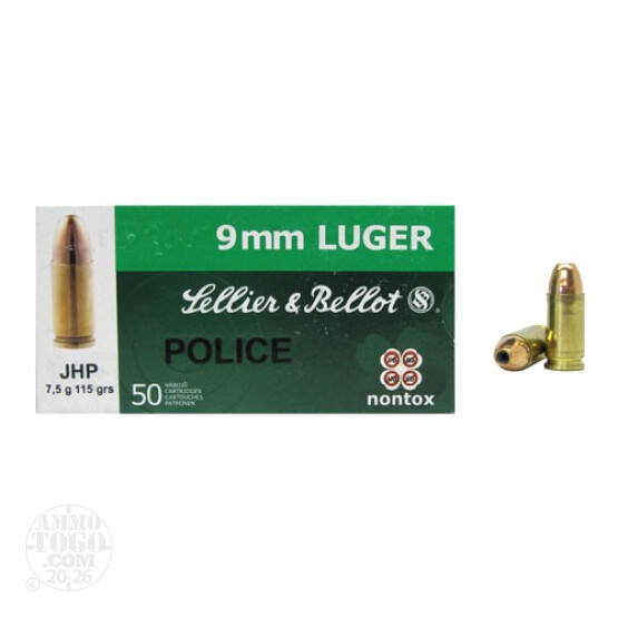 50rds - 9mm Sellier & Bellot Police 115gr. NonTox JHP Ammo