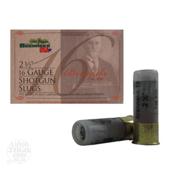 5rds - 16 Gauge Brenneke 2 1/2" 1oz. Rifled Slug Ammo