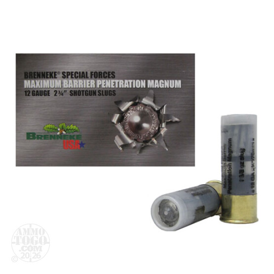 5rds - 12 Ga. Brenneke Maximum Barrier Penetration 2 3/4" 1 3/8oz. Slug Ammo