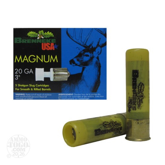 5rds - 20 Gauge Brenneke Magnum 3" 1oz Lead Slug Ammo