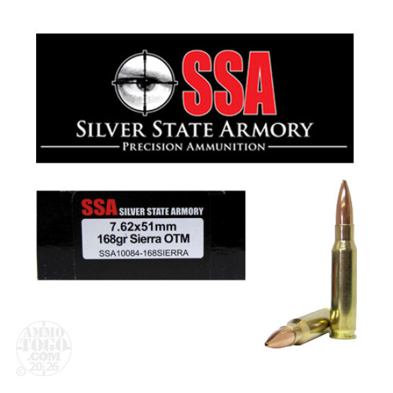 20rds - 7.62 x 51mm Silver State Armory 168gr. Sierra OTM Ammo