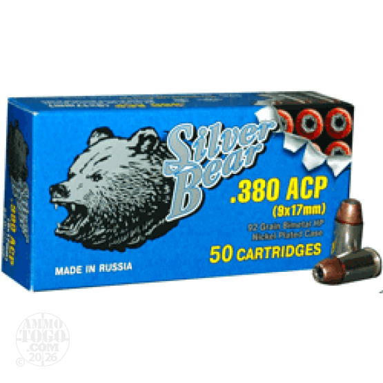 500rds - .380 Auto Silver Bear 92gr. HP Ammo