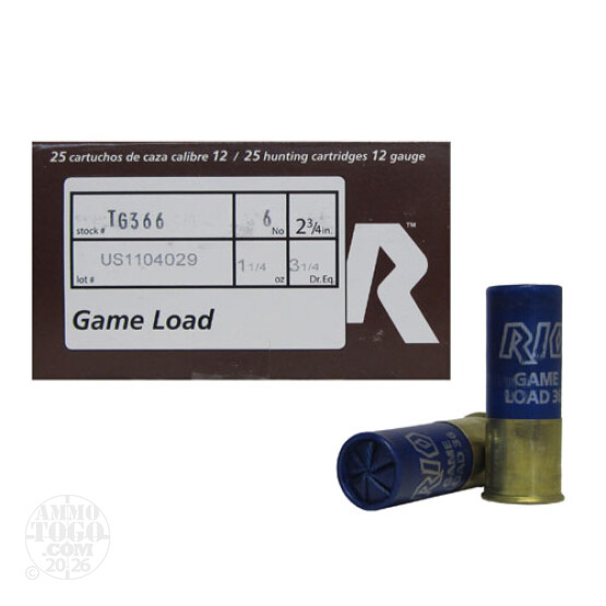 250rds - 12 Gauge Rio Top Game 2 3/4" 1 1/4oz. #6 Shotshell Ammo