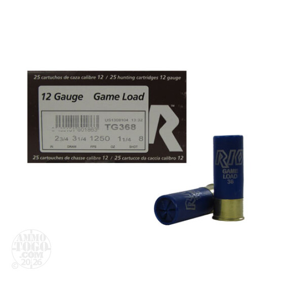 25rds - 12 Gauge Rio Game Load 2 3/4" 3 1/4 Dram 1 1/4oz. #8 Shot Ammo