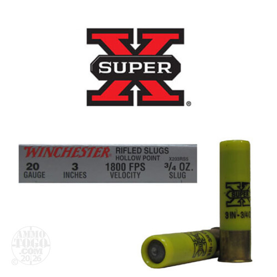 5rds - 20 Gauge Winchester Super-X 3" 3/4oz Rifled Slug Ammo