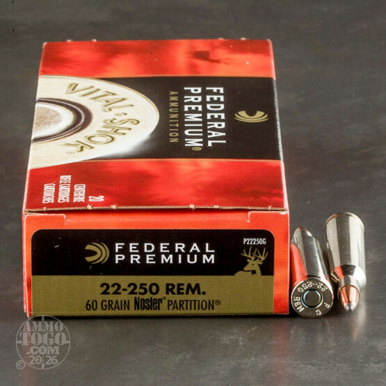 20rds - 22-250 Federal Vital-Shok 60gr. Nosler Partition Ammo