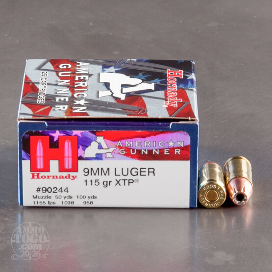 25rds - 9mm Luger Hornady American Gunner 115gr. JHP Ammo