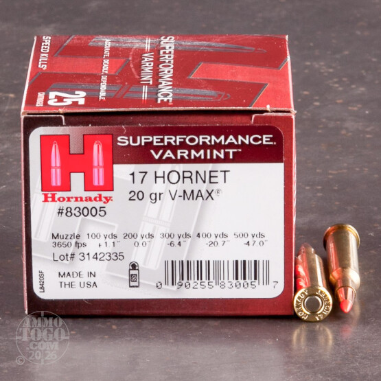 25rds – 17 Hornet Hornady Superformance Varmint 20gr. V-Max Ammo