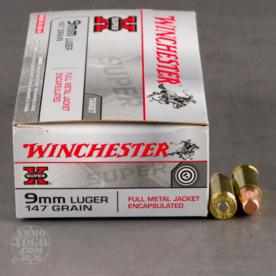 50rds - 9mm Winchester Super-X 147gr. Brass Case FMJ Ammo
