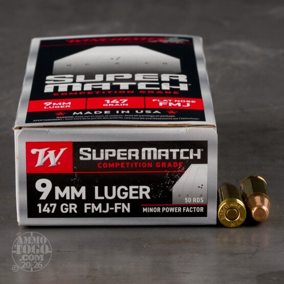 50rds – 9mm Winchester Super Match Minor Power Factor 147gr. FMJ FN Ammo