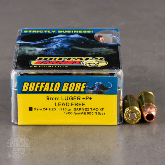 20rds - 9mm Buffalo Bore 115gr. TAC-XP +P+ Lead Free Ammo