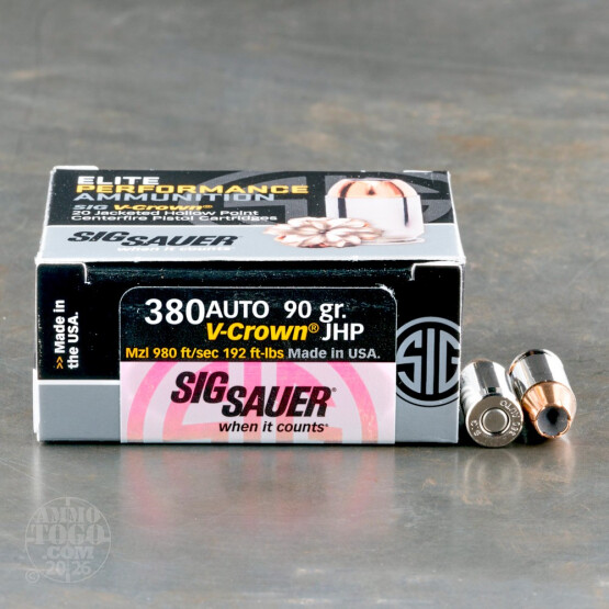 20rds - 380 ACP Sig-Sauer Elite Performance Ammunition 90gr. V-Crown JHP Ammo
