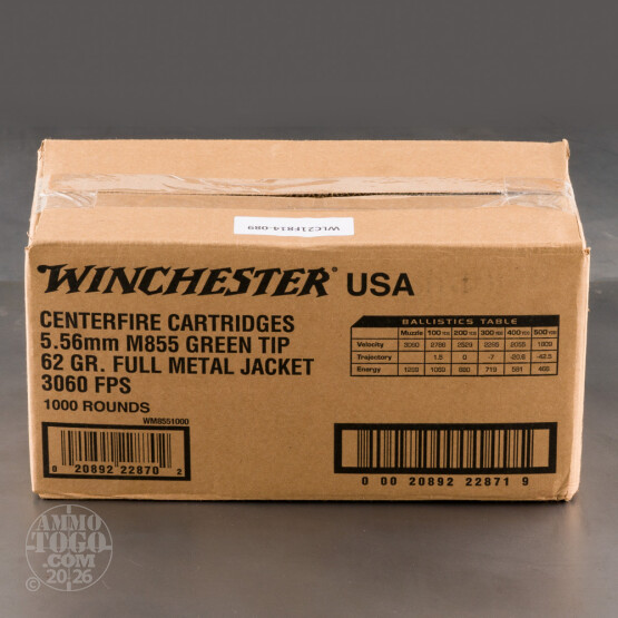 1000rds – 5.56x45 Winchester USA 62gr. FMJ M855 Ammo