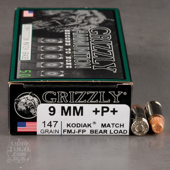 50rds – 9mm +P+ Grizzly 147gr. FMJ FP Ammo