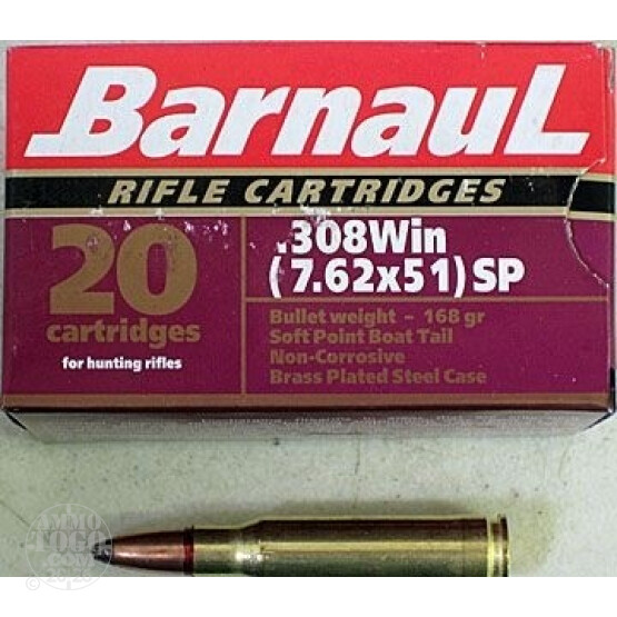 1000rds - .308 Barnaul Brass Plated 168gr. Soft Point Ammo