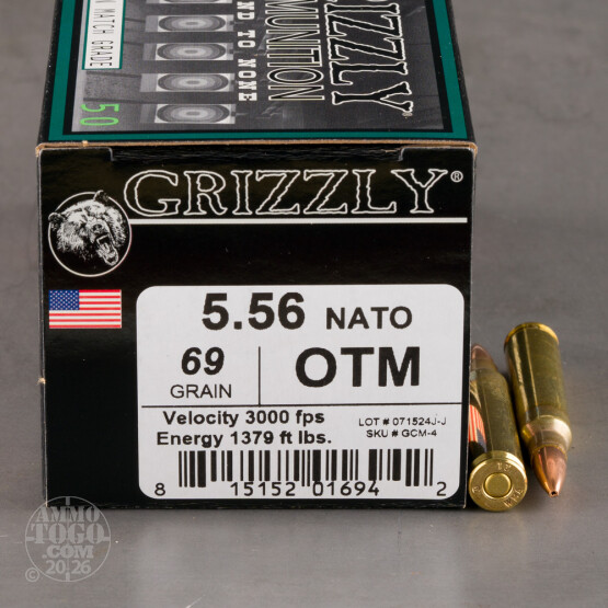 50rds – 5.56x45 Grizzly 69gr. OTM Ammo