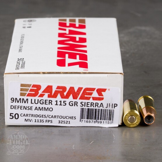 50rds – 9mm Barnes Defense 115gr. JHP Ammo
