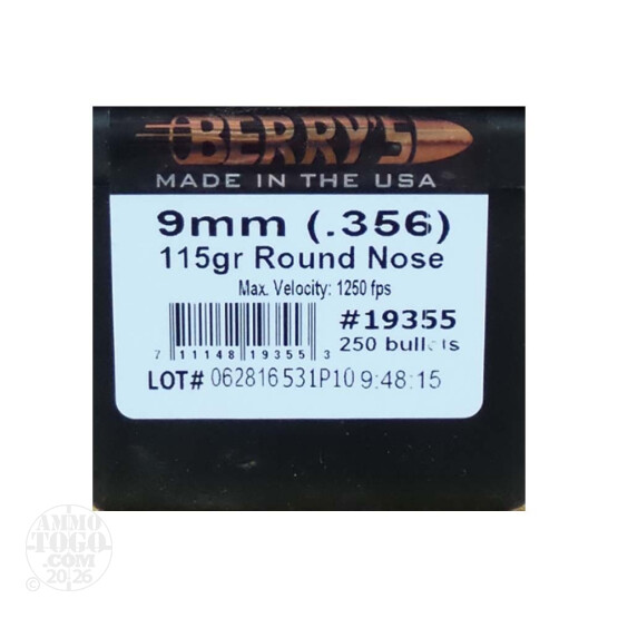 250pcs - 9mm .356" Dia Berry's 115gr. Plated RN Bullets
