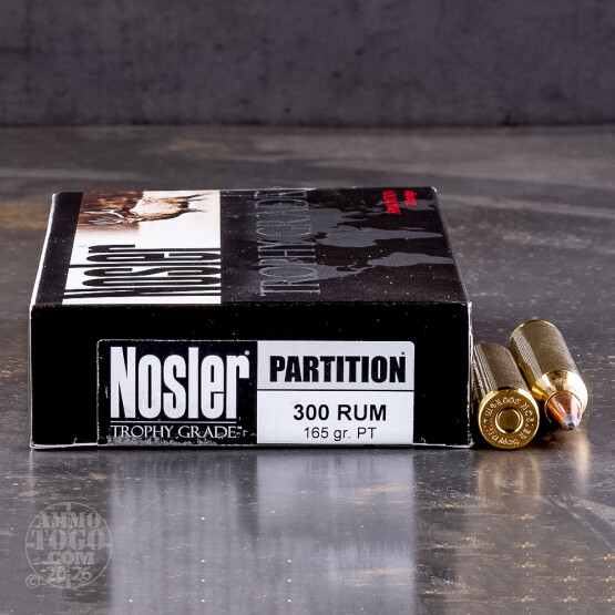 20rds - 300 RUM NoslerCustom Trophy Grade 165gr. Partition SP Ammo