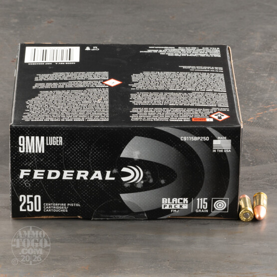 250rds – 9mm Federal Black Pack 115gr. FMJ Ammo
