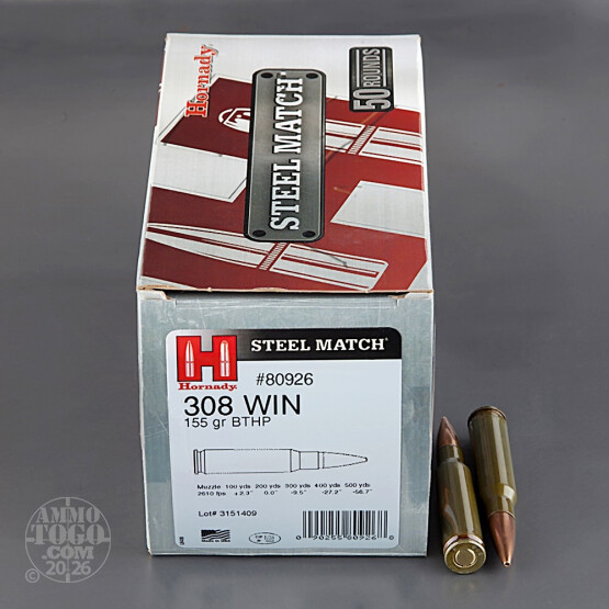 50rds - 308 Hornady 155gr. Steel Match BTHP Ammo