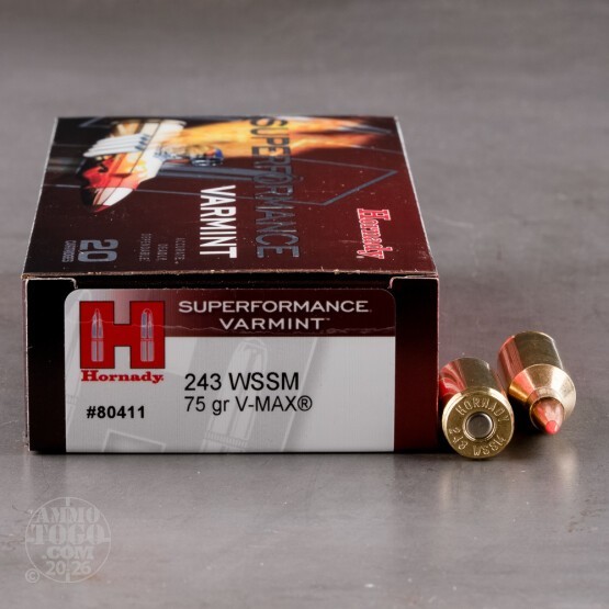 20rds – 243 WSSM Hornady Superformance Varmint 75gr. V-MAX Ammo