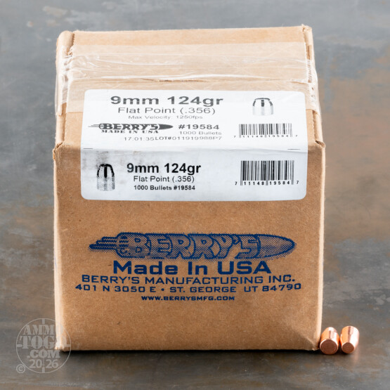 1000pcs - 9mm .356" Dia Berry's 124gr. Plated FP Bullets