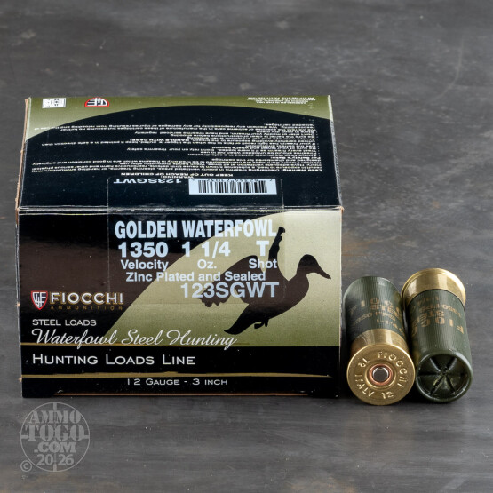 25rds – 12 Gauge Fiocchi Golden Waterfowl 3" 1-1/4oz. T Steel Shot Ammo