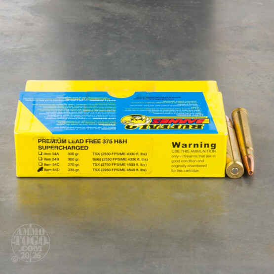20rds - 375 H&H Mag. Supercharged Buffalo Bore 235gr. Barnes TSX HP Ammo