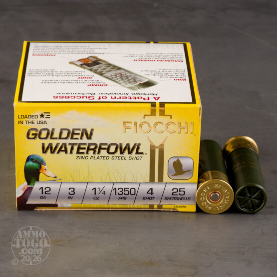 25rds – 12 Gauge Fiocchi Golden Waterfowl 3" 1-1/4oz. #4 Steel Shot Ammo