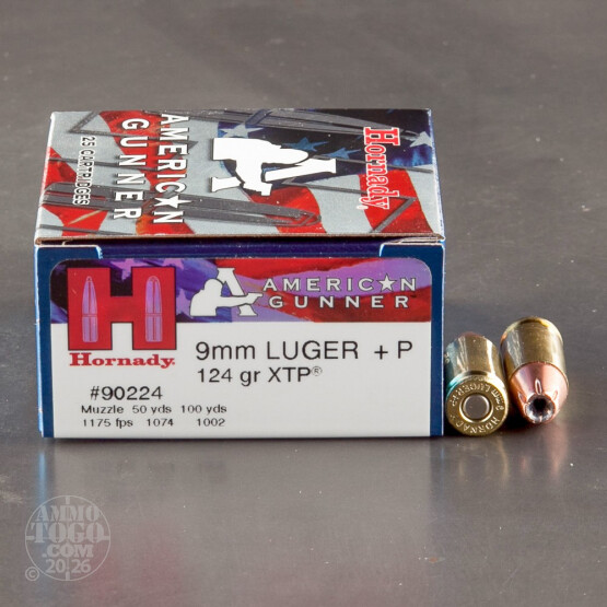 250rds – 9mm +P Hornady American Gunner 124gr. JHP Ammo