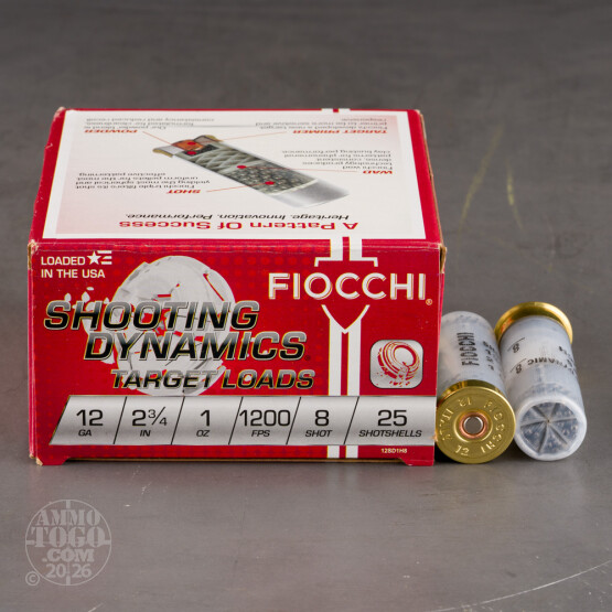 25rds - 12 Gauge Fiocchi Heavy Target Shooting Dynamics 2 3/4" 1oz. #8 Shot Ammo